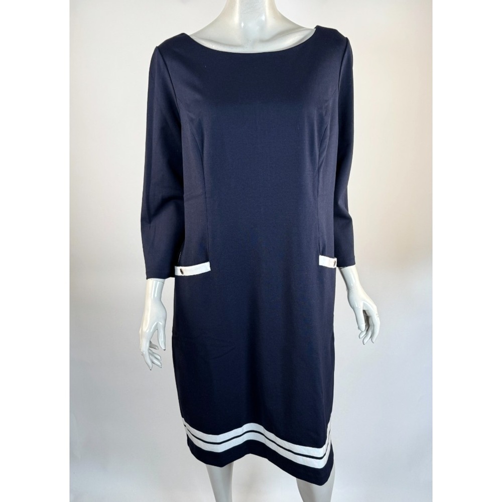 Talbots Jersey Shift‎ Dress Women 18 NWT $129 3/4 Sleeve Stretch Scoop Neck Navy